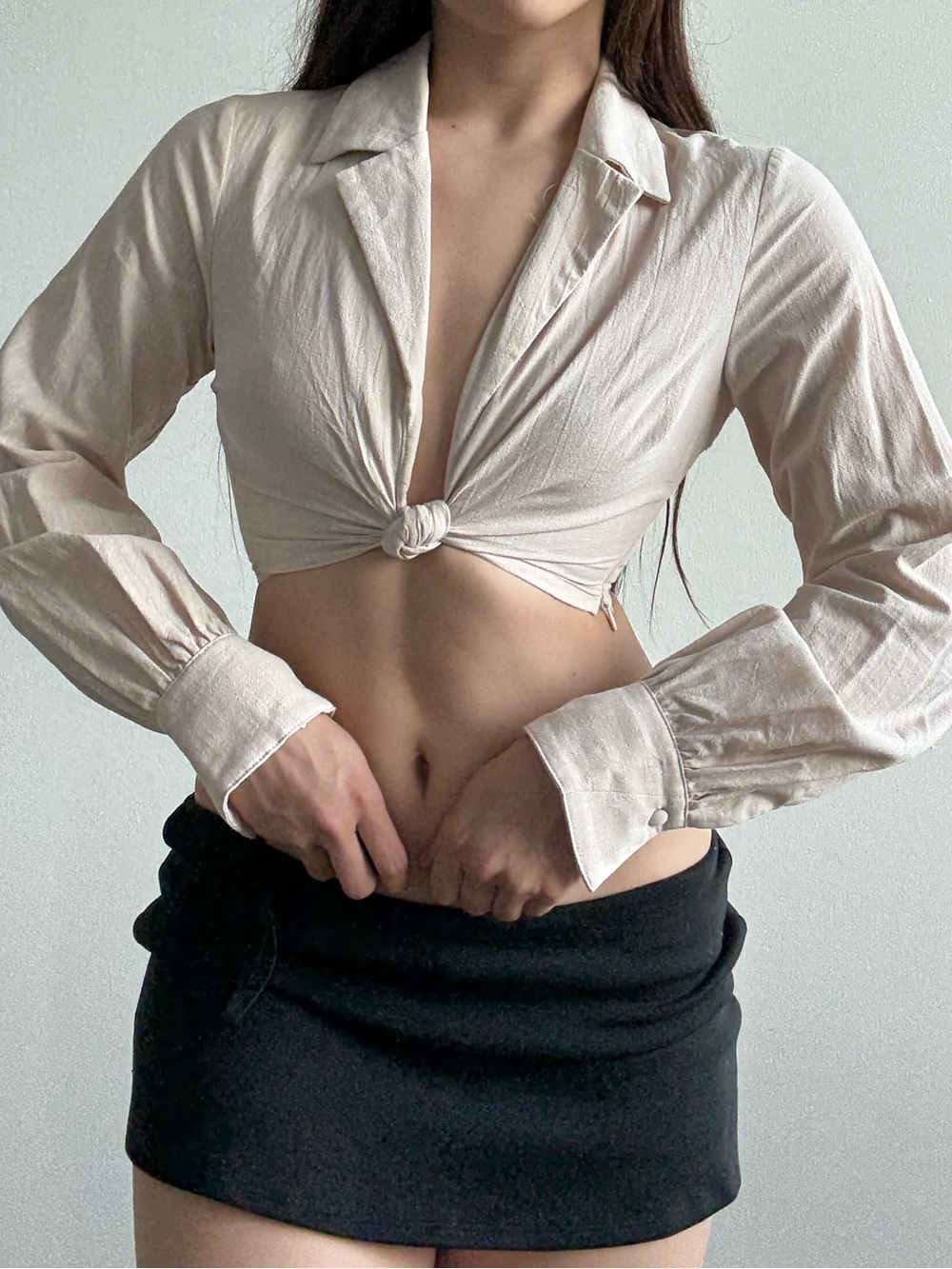 Showpo Cream Knot-Front Long Sleeve Crop Blouse